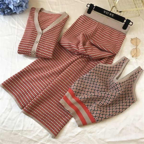 Conjunto de 3 piezas de punto a rayas de moda elegante para mujer, cárdigan de manga larga de estilo + chaleco + Pantalones de pierna ancha, traje de punto de otoño 220315