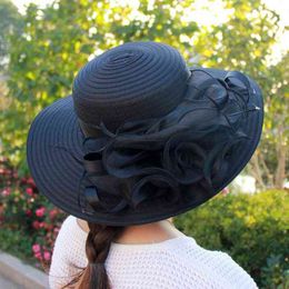 Elegante Mode Dames Church Hats Dames Organza Bloemen Brede Brim Kentucky Derby Church Dress Sun Hat Wedding Sea Beach Caps G220301