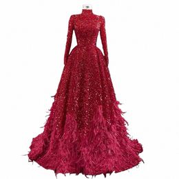 Elegant Feather Sequin Evening Night Dres for Women 2023 LG SHANGES HIGH Neck Muslim Aline Mariage Formal Prom Party Gowns 56MI #
