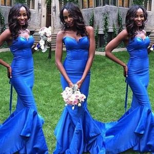 Elegant Fitted Long Prom Dresses Royal Blue Sweetheart Mouwloze ruches Zoom Avond Feestjurken Formele Wear Afrikaanse Meisje Arabische slijtage