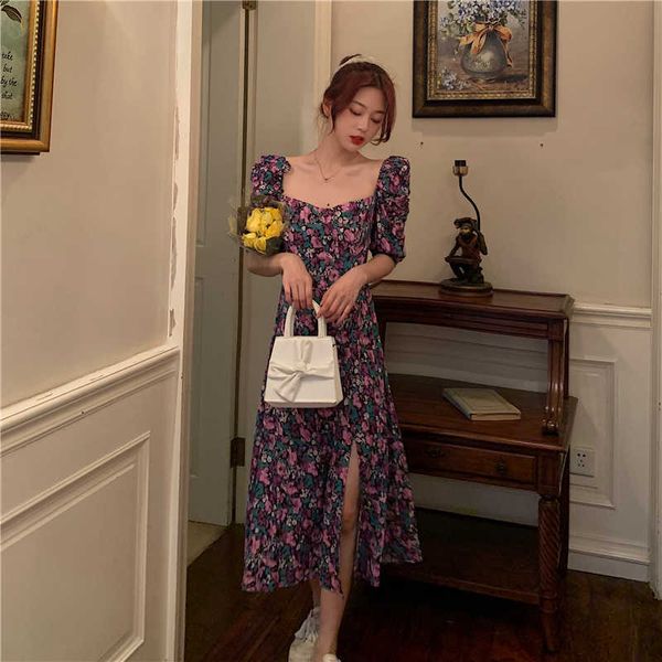 Robe florale élégante femmes manches courtes midi vintage col carré français rétro sexy fête été style coréen 210529