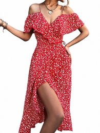 Elegante Bloemen Midi Dr Vrouwen Zomer Sexy Backl Ruche Spleet Strand Dr Casual Zwart Off Schouder Onregelmatige Dres 2024 G9tz #