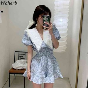 Elegante estampado floral mini playsuit verano coreano chic cintura delgada dulce azul mono moda mameluco ropa de mujer 210519