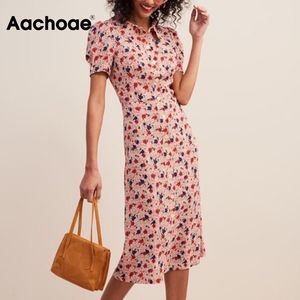 Elegante bloemenprint shirt bladerdeeg korte mouw zomer roze kleur vintage feestjurk midi sundress vestidos 210413