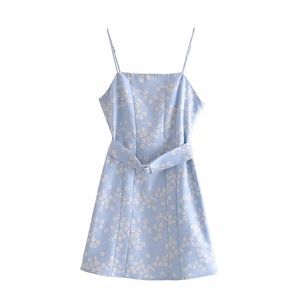 Élégant Floral Imprimé Spaghetti Strap Femmes D'été Mini Robe Avec Ceinture A-Line Bleu Clair Doux Filles Sans Manches Streetwear 210521