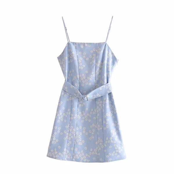 Elegante estampado floral correa de espagueti mujeres verano mini vestido con cinturón A-Line azul claro Sweet Girls sin mangas Streetwear 210521