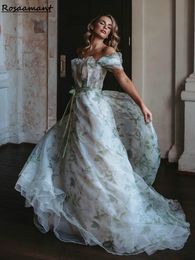 Elegant Floral Printing Belt A-line Robes de mariée sur les robes nuptiales SHOULER Pleat Robe de Mariee