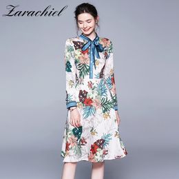 Elegante bloemen zomer herfst vrouwen lange mouw gestreepte vlinderdas kraag bloem print overlay hoge taille knie lengte jurk 210416