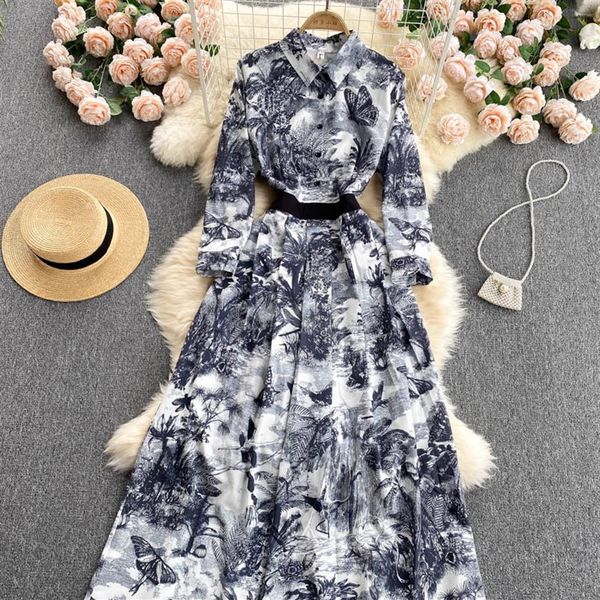 Elegante estampado floral vintage marca diseñador vestidos de pasarela mujeres otoño cuello polo largo maxi camisa vestido de fiesta 2023259A