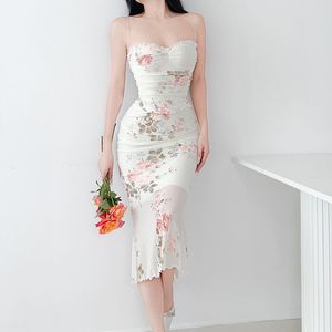 Elegante bloemenprint Suspender Jurk Women Fashion Off Shoulder Backless Midi Jurken Chic Female Party Club Vestidos