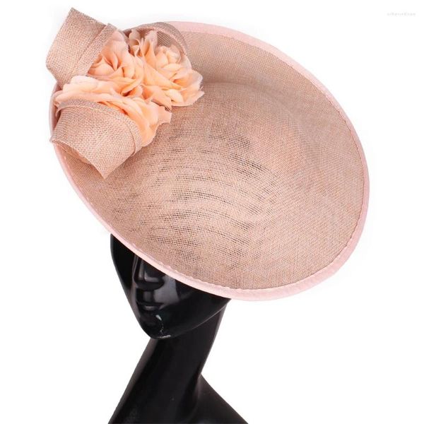 Sombrero de vestir Formal elegante para mujer, tocados florales rosas, accesorios para diadema, gorros elegantes de imitación de Sinamay