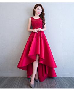 Elegante formele avondjurken rode hoge lage cocktail feestjurken applique satijn voor 16 zoete meisjes rok goedkope prom jurken Q32