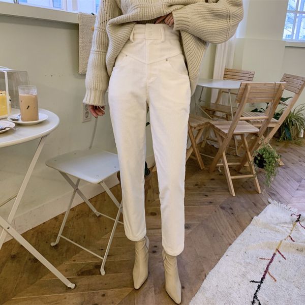 Pantalon de velours côtelé élégant formel taille haute sarouel femme fond blanc OL solide vintage costume de mode pantalon femme 210421