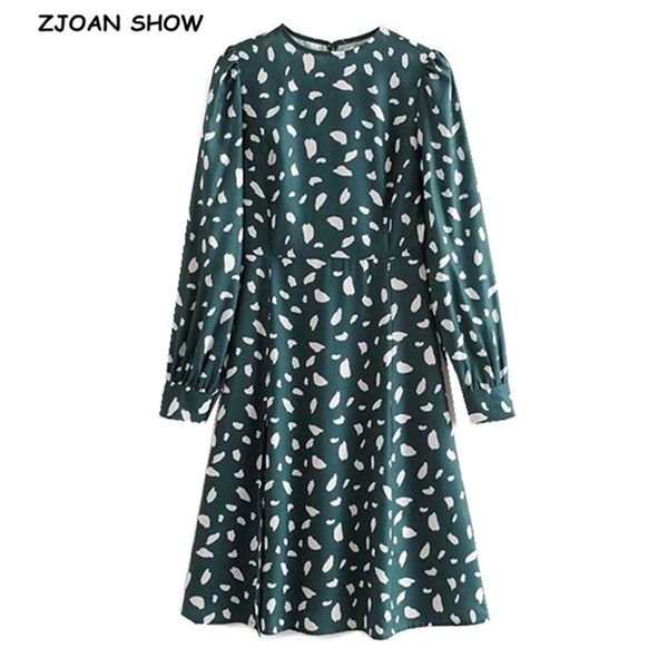 Elegante estilo francés Mujeres Leopard Dot Print Back Slit Shirt Dress Green Office Ladies Retro Manga larga Vestidos cortos de otoño 210429