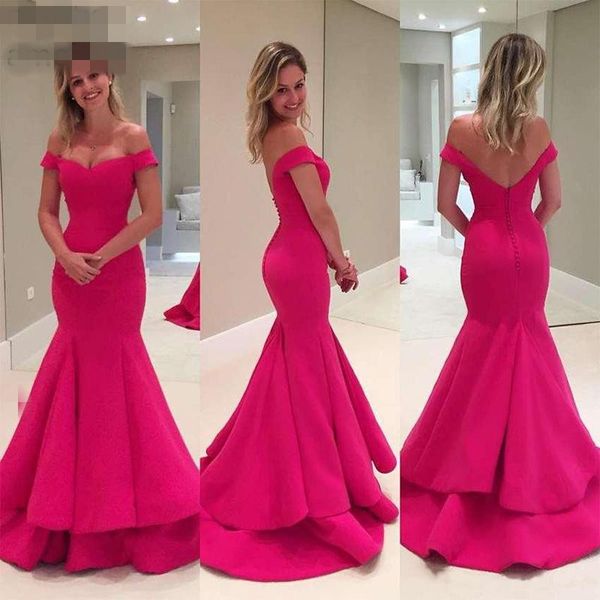 Elegante fucsia barato sirena rosa vestidos de noche con cuello en v fuera del hombro fruncido satén simple largo baile sexy sin espalda viste Robe De Soiree