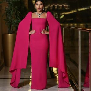 Élégant Fuchsia Soirée Pageant Robe 2024 Cap Square Square Coup Soft Satin Sage de Prom Faire Long Gowns Prom Arabe Dubai Vestidos de Gala Robe de Soiree
