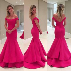 Elegante fuchsia zeemeermin avondjurken off shoulder ruches satijnen lange prom jurken backless avond draagt ​​sweep trein