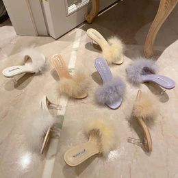 Elegant Fur Women glissa les pantoufles ouvertes ouvertes claires minces talons hauts pompes sandales violettes chaussures de tenue de mode de mode