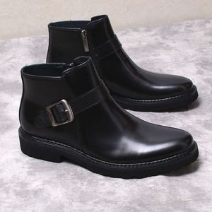 Élégant en cuir véritable cheville noir marron pointu boucle nom robe botte pour bottes formelles hommes chaussures