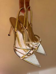 Elegant Gianvito Rossi Leather Stiletto Sandales Chaussures Golden Chain Side SlectS Femmes Pumps Poighed Toe Party Wedding Lady High Heels EU35-41 Boîte d'origine