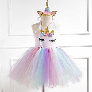 Elegante Meisjes Sequin Top Unicorn Tutu Jurk Glanzende Prinses Gepaste Halt Neck Summer Prom Baby Costume 210529