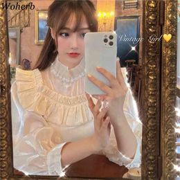 Elegante Glitter Blouse Vrouwen Ruffle Patch Coltrui Lange Bladerdeeg Mouw Blusas Casual All Match Kralen Shirt Chic Top 210519