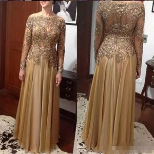 Elegant goud een lijn kanten kraal moeder van de bruid jurken plus size chiffon vloerlengte ritssluiting achter moeders jurken formeel even zelfsi 257b