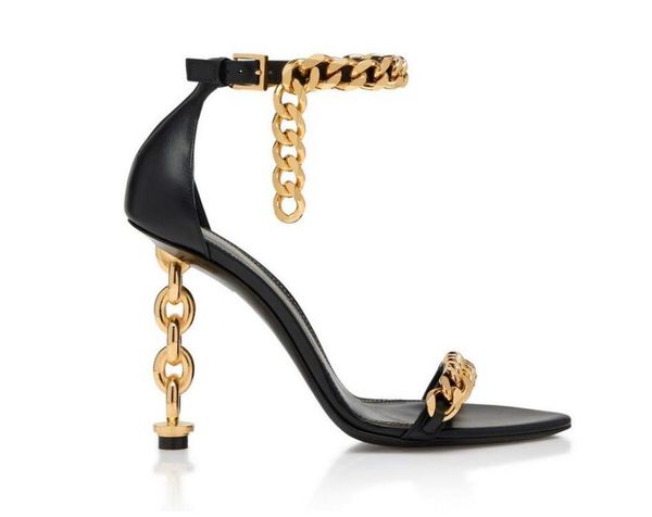 Elegante cadena de oro Sandalias de tacón con correa en el tobillo Tacones de aguja Mujer Fiesta Zapatos de noche 10.5 cm punta abierta metálico Tacón escultural Espejo cuero diseñadores de lujo