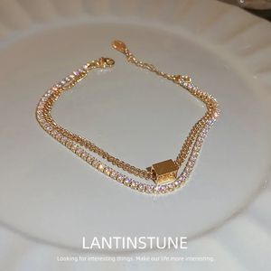 Elegant Gold Color multicouche Zircon Chain Square Pendant Bracelet pour femmes Sweet Advanced Crystal Jewelry Young Girls N374 240423