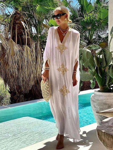 Elegant Gold Broidered Kaftan Retro Robe V-Neck White Maxi Robe Femme Summer Beachwear Swimsuit Cover Up Q1373