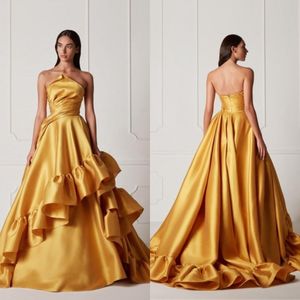 Elegante gouden avondjurken strapless ritssluiting Satin a line prom jurk gewaden de soirée formele feestjurken