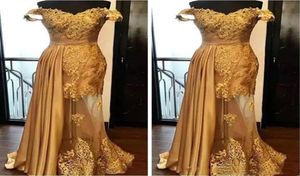 Elegante gouden avond formele jurken kanten applique kralen prom jurk ruches peplum vloer lengte uit schouder plus maat speciale occa9673471