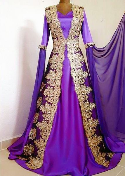 Elegantes aplicaciones de oro de oro Vestidos de noche de caftán Mangas largas una línea Púrpura Vestidos de ocasión formal