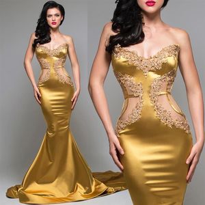 Élégantes robes de soirée de sirène d'or tenues de soirée perlées sans bretelles cou robes de soirée appliques balayage train satin robe de bal robes 337o