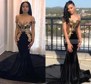 Elegante gouden metalen Appliqued Mermaid Prom -jurken van de schouder Black Girls Formele feestavondjurken BC0986