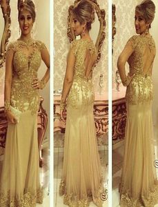 Élégant Gold Mother of the Bride Robes Pearls Lace Appliques Long Manches Vestidos Sexy Open Back Robe Formal MD3412705941