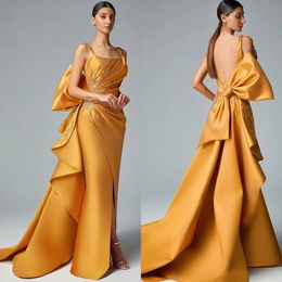 Elegantes vestidos de noche de sirena de satén dorado, plisados de encaje, vestidos de fiesta árabes sin espalda, vestido de fiesta Formal con lazo grande