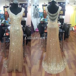 Elegante Gouden Pailletten Celebrity Jurken Sparkly Kralen Kraag Lange Formele Avondjurken Receptie Jurken Rode Loper Jurken Banket 2962