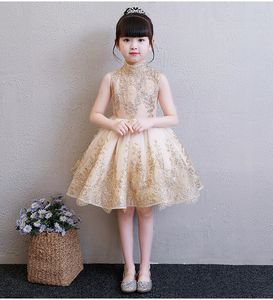 Elegante gouden tule bloem meisje jurk partij kinderen pageant jurk prinses trouwjurk mouwloze eerste communie jurken