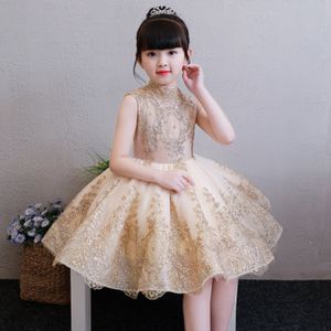 Elegante vestido de niña de flores de tul dorado fiesta niños vestido de desfile princesa vestido de novia sin mangas vestidos de primera comunión 1-14T Q0716