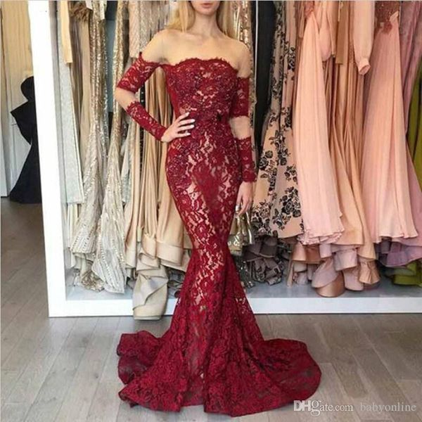 Élégant magnifique bordeaux dentelle sirène robes de bal hors épaule illusion corsage appliques longues robes de soirée pour les femmes vestidos de fiesta