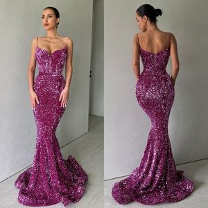 Elegante druiven Paarse prom -jurken Spaghetti -pailletten Mermaid feest avondjurken formele lange speciale OCN -jurk