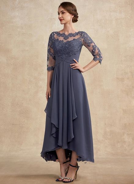 Elegante gasa gris Vestidos para madre de la novia Medias mangas Apliques de encaje Tallas grandes Vestidos de invitados de boda Alto Bajo Novio Mamá Ropa de fiesta formal