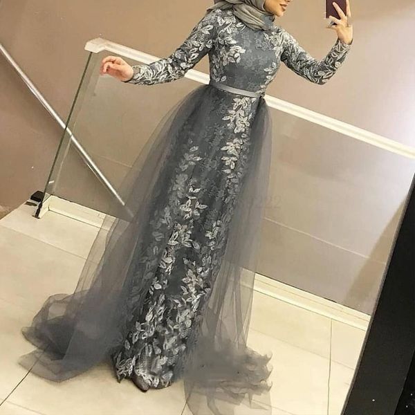 Elegante gris Hijab estilo musulmán vestidos de noche formales con tren desmontable apliques de encaje de manga larga árabe vestido de fiesta para mujer ropa de fiesta