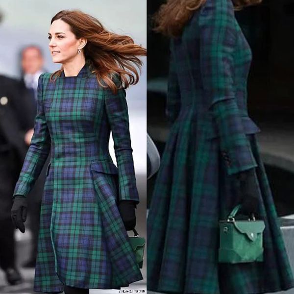 Elegante Green Glen Plaid Vestidos para madre de novia A-Line Mangas largas Hasta la rodilla Kate Middleton Vestidos para eventos formales Vestido de fiesta de bodas para mujeres simples