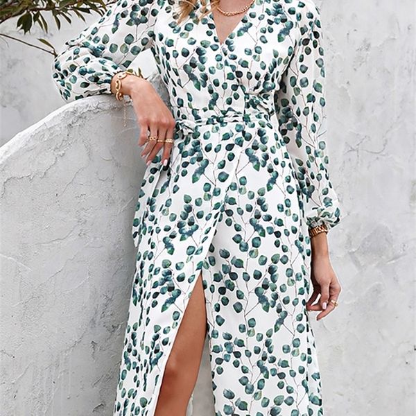 Élégant vert feuille imprimer robe Sexy printemps à manches longues col en v femmes robes bureau Wrap à lacets a-ligne Vestidos 220423