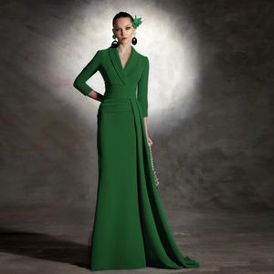 Elegante Groene Zeemeermin Avondjurk 2023 V-hals 3/4 Mouwen Zacht Satijn Vrouwen Prom Party Arabisch Dubai Lange Formele Gowns robe De Soire