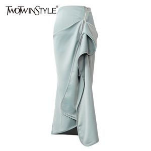 Elegante groene patchwork ruche rok voor vrouwen hoge taille onregelmatige zoom midi rokken vrouwelijke zomer mode 210521