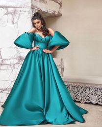 Vestidos de graduación de satén verde elegante, mangas casquillo, escote en forma de corazón, listones, vestido largo de baile, vestidos de noche árabe Sukienki