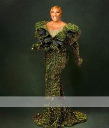 Elegante Groene Lovertjes Zeemeermin Avondjurken Voor Arabische Vrouwen Cap Mouw Kant Sexy Afrikaanse Formele Aso Ebi Prom Jassen Mal Mal